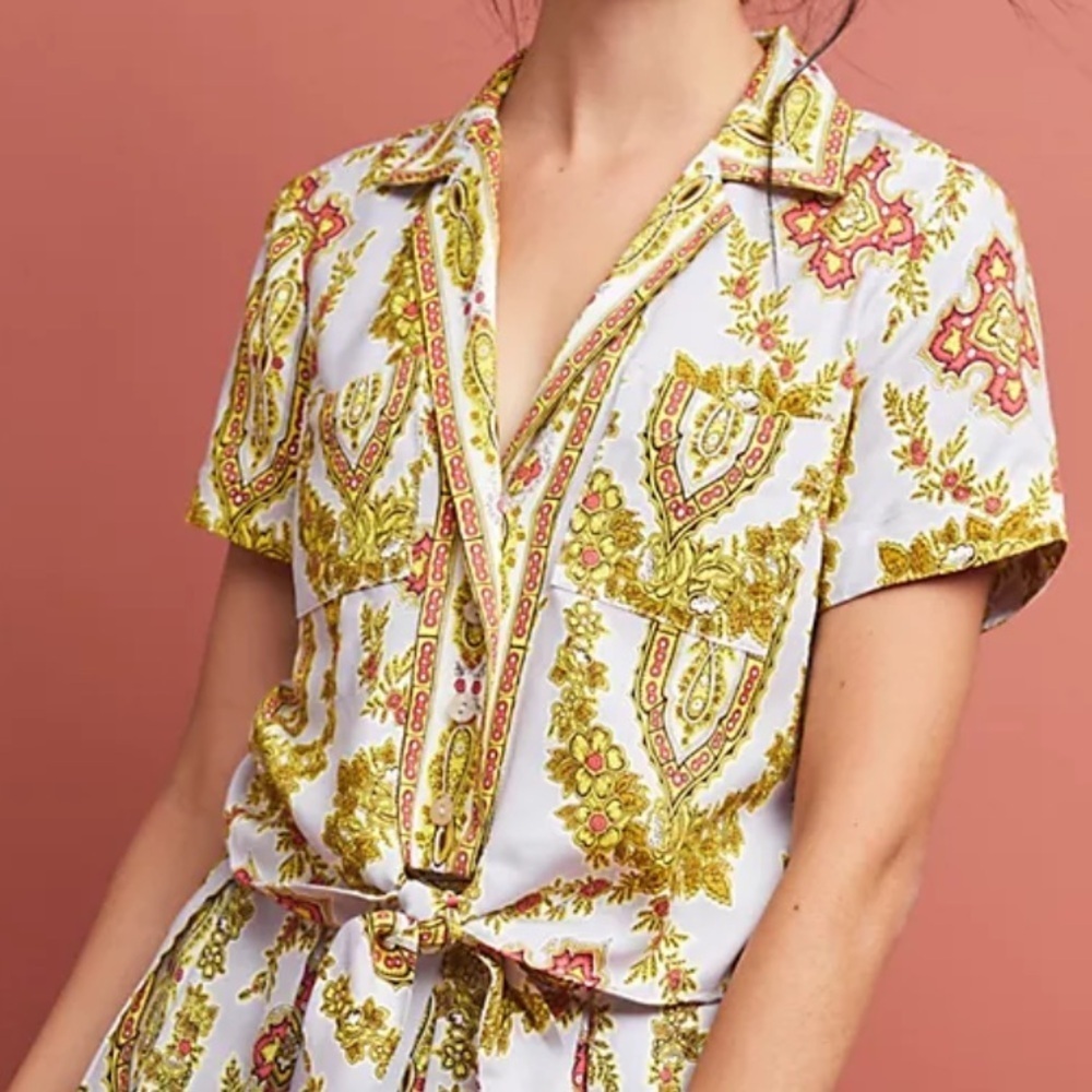Anthropologie Maeve Echarpe Medallion Scarf Print Blouse Sz 6 Cropped Casual EUC - Picture 1 of 11